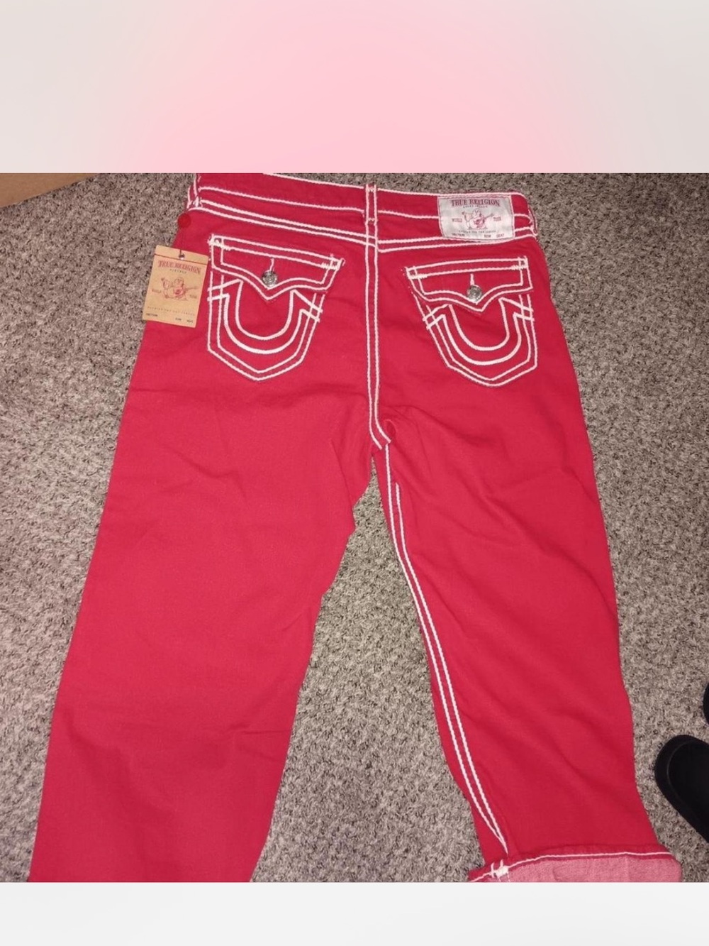 True Religion men’s Red Jeans with White Contrast Stitch